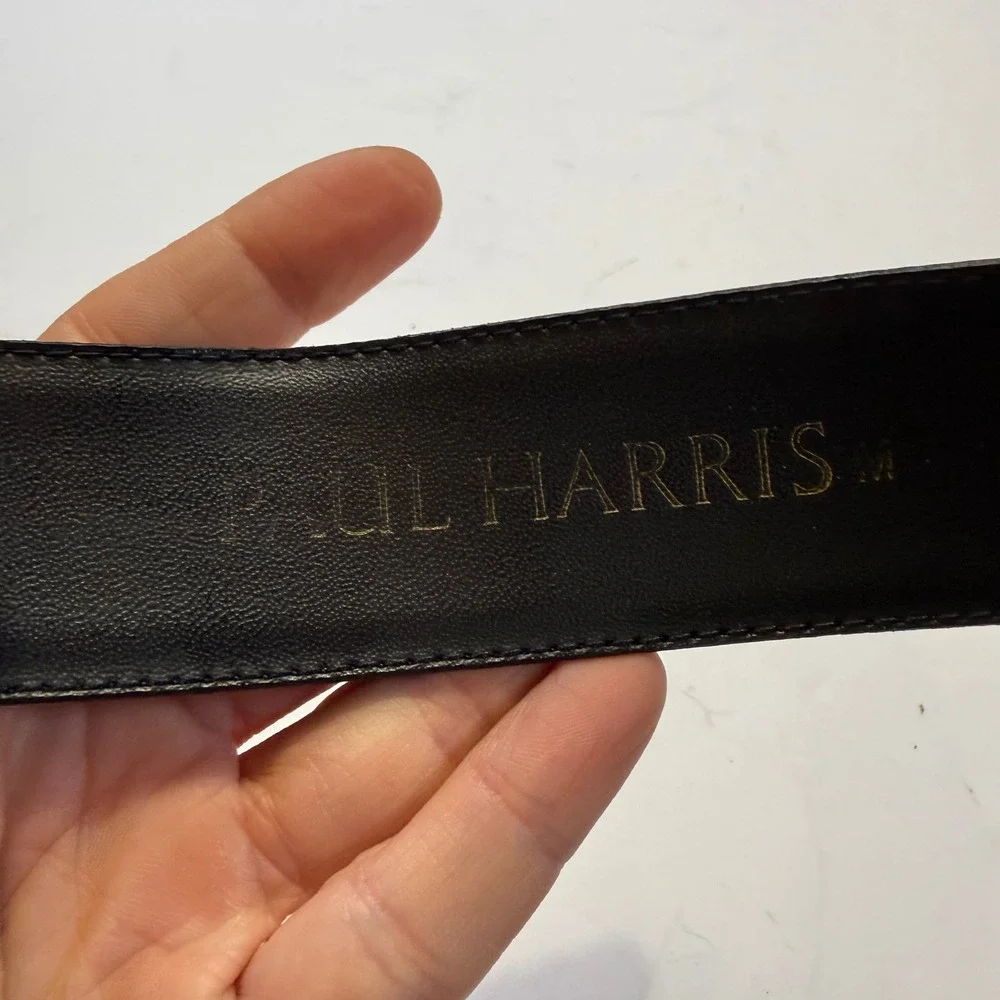 Paul Harris Vintage Black Leather Belt Gold Crescent Buckle Wide Statement Med